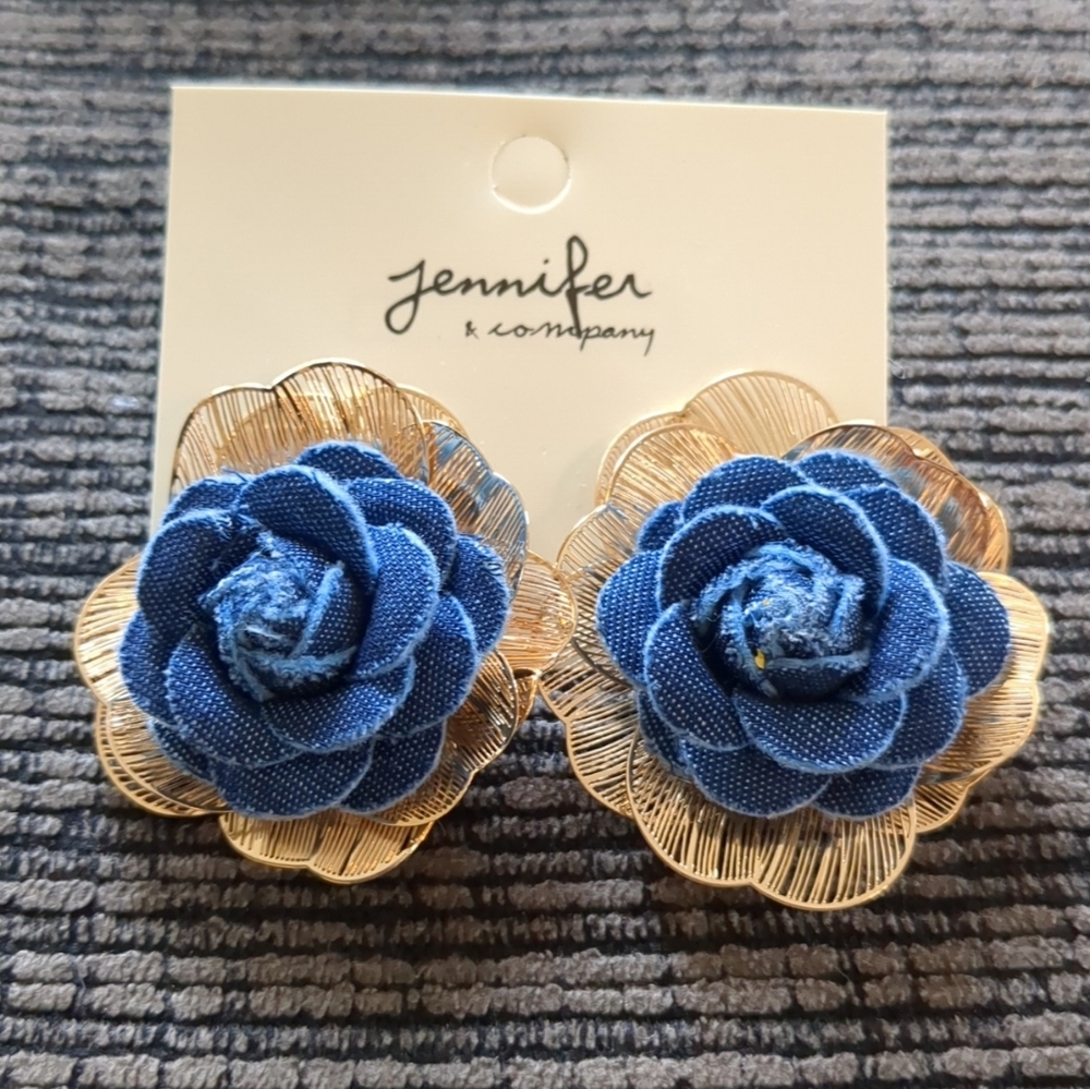 Denim Flower Accent Metal Cutout Flower Statement Earrings
